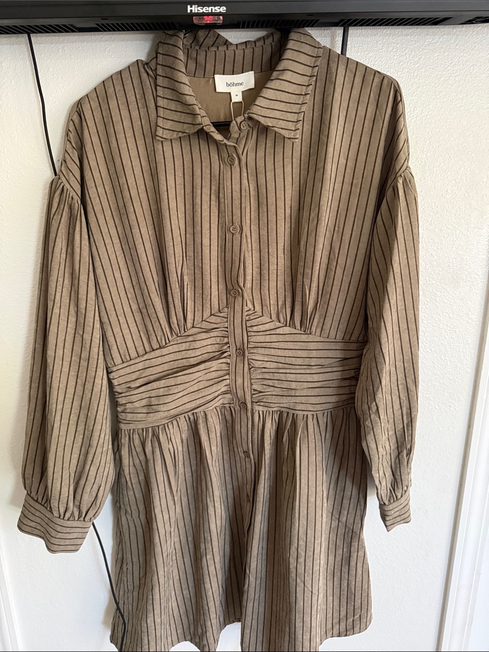 bohme Taupe Pinstripe Button-Front Long Sleeve Dress